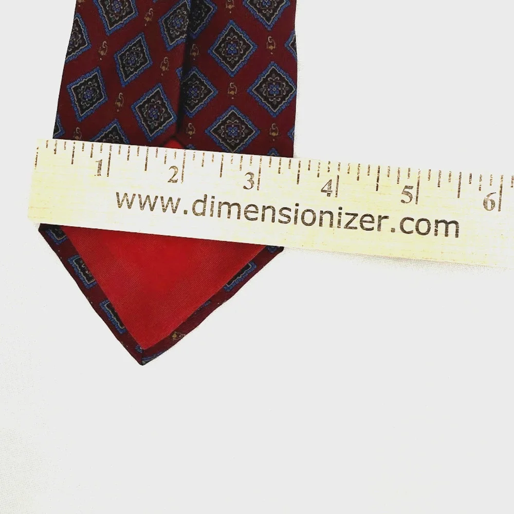 Vintage Brass & Leather by Jadeo Silk Tie Made in Italy Burgundy Geometric Medal